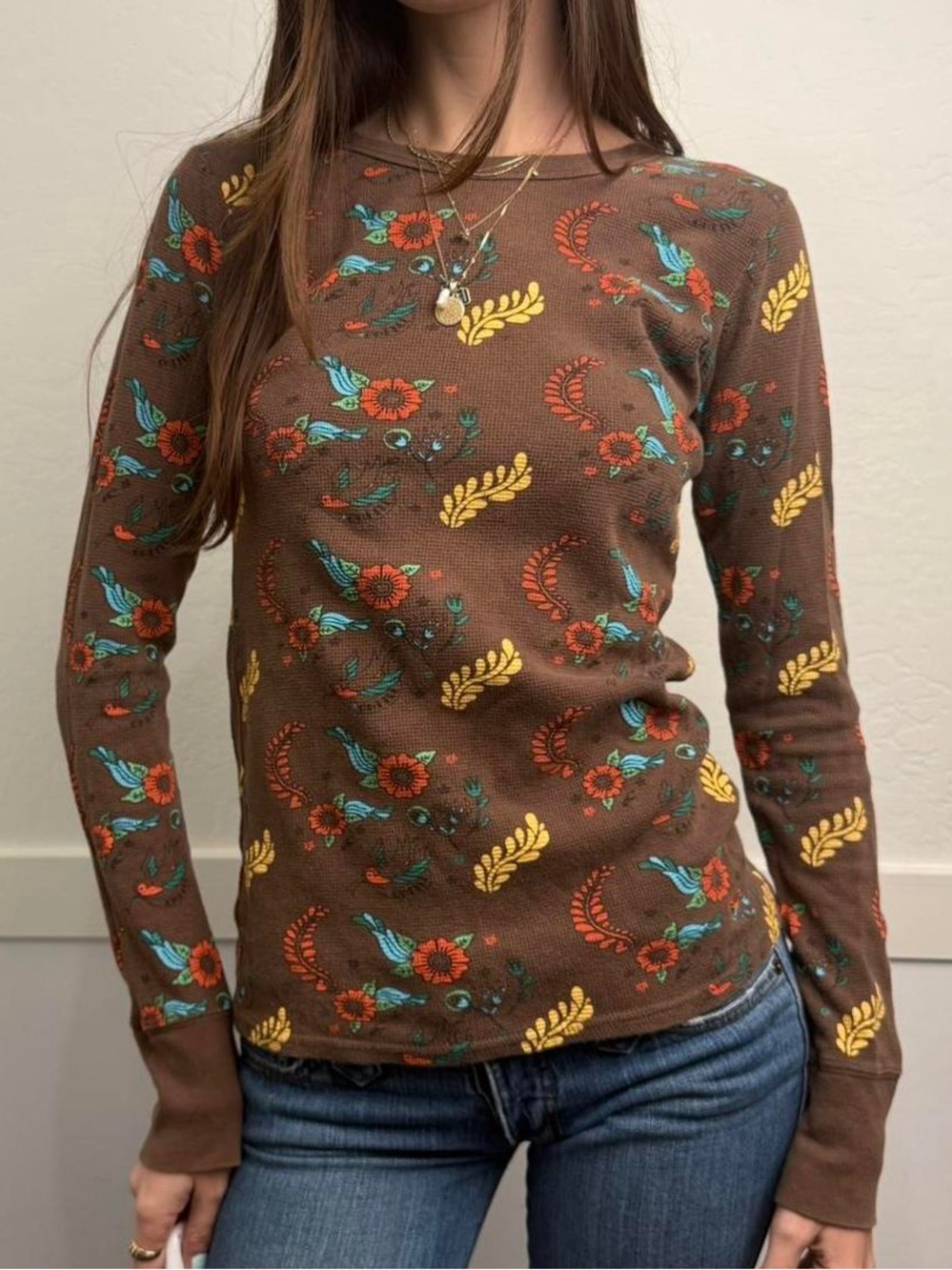 Y2K Brown Floral Long-Sleeve Women's Top